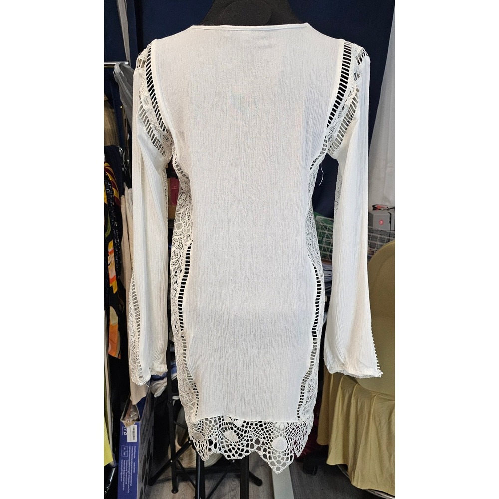 For Love & Lemons White Crochet Lace Boho Mini Dress Coverup XS Long Sleeve - Picture 4 of 7